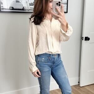 Vintage Silk Blouse Women’s Size 6/S Cream Floral Long Sleeve Top 80s 90s Y2K